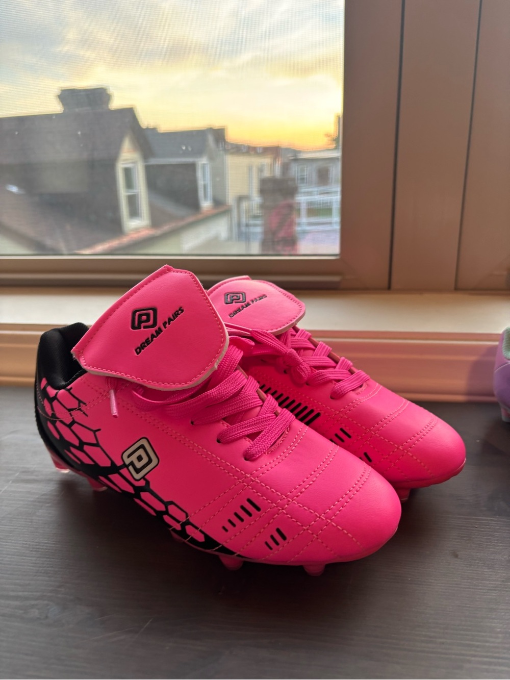 Dream Pairs Kids' Soccer Cleats in Bright Pink with Black Accents